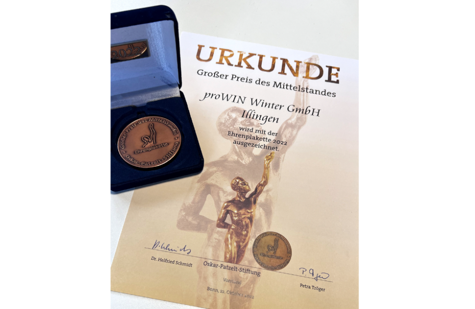  proWIN erhält Ehrenplakette des „Großen Preis des Mittelstandes“